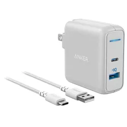 Anker 2-Port PowerPort 27W USB-C & USB-A Wall Charger (with 6' USB-C to USB-A Braided Nylon Cable) - White