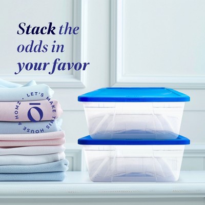 Clear Plastic Stackable Storage Bins with Blue Lids, 41-Quart, 4 Pack
