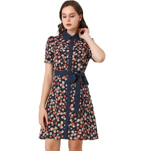 INSPIRE CHIC Women's Short Sleeve Contrast Collar Belted Floral Shirt Dress - 1 of 4