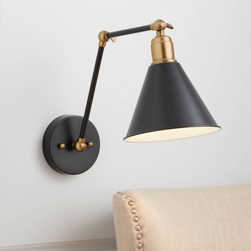 360 Lighting Wray Modern Industrial Wall Lamp Black Brass Hardwire 6" Light Fixture Adjustable Cone Shade for Bedroom Bathroom Reading Living Room, 2 of 10