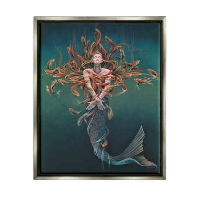 Stupell Industries Mermaid Fish Swirling Painting Framed Floater Canvas Wall Art