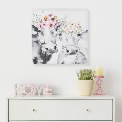 Rustic Gray and White Cows with Pink Wildflowers Canvas Wall Art