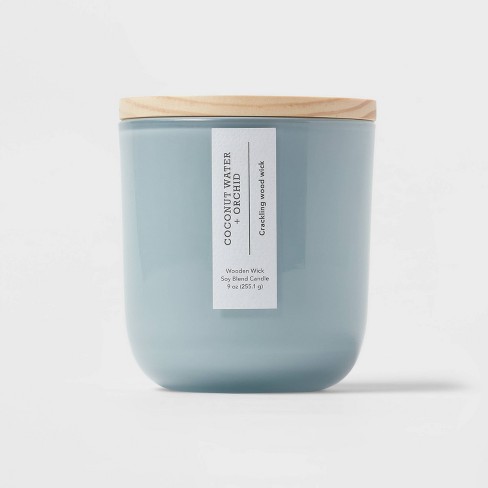 14oz Lidded Gray Glass Jar Crackling Wooden 3-Wick Candle with Paper Label  Coastal Wind + Lavender - Threshold™