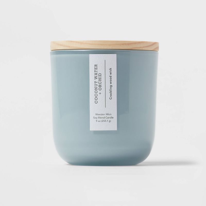 Round Base Glass Candle with Wooden Wick Coconut Water & Orchid Blue - Threshold™, 1 of 5