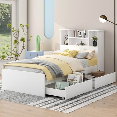 TIRAMISUBEST Twin Size Storage Platform Bed with 4 Open Storage Shelves and 2 Storage Drawers, Wooden Bed Frame with LED Light and Headboard