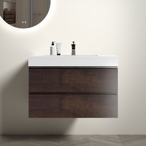 FAMYYT 36 in. Single Sink Floating Walnut Bath Vanity with White Ceramic Top (Assembled), Rosewood Elegance - 1 of 4