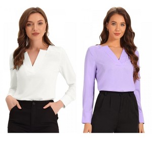 INSPIRE CHIC Women's Elegant Long Sleeve V Neck Work Office Blouse 2 Packs - 1 of 4