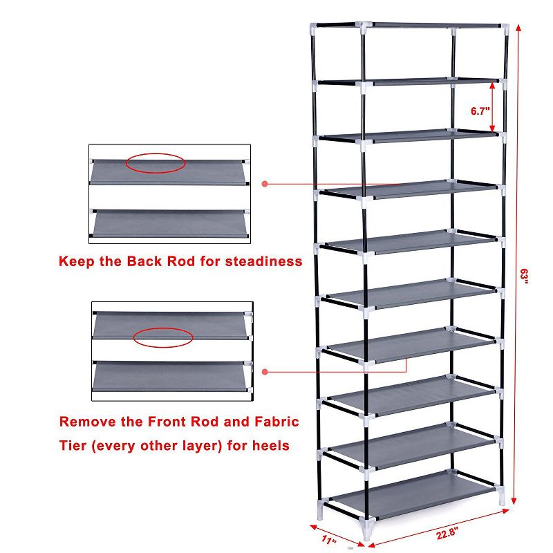 SKONYON 10 Tier Shoe Rack: Dustproof Cover Free Standing Organizer for Entryway Closet, 4 of 10