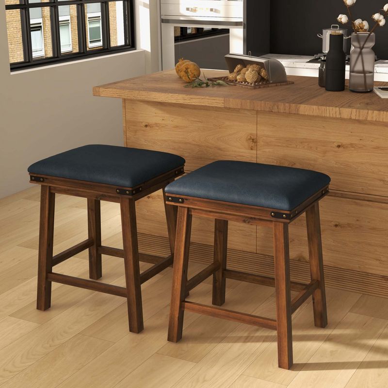 Costway 24'' Dining Bar Stool Set of 2 Counter Height Padded Seat Wood Frame Kitchen Brown/White, 2 of 8