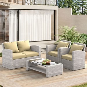 ELJGET 4-Piece Outdoor Patio Furniture Sets, All Weather PE Outdoor Sofa, Garden Wicker Rattan Patio Conversation Set with Coffee Table - 1 of 4