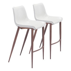 Zuo Modern Magnus Barstool 43.3"H, White Faux Leather Seat, Walnut Legs, Indoor Modern Bar Seating,Set of 2 - 1 of 4