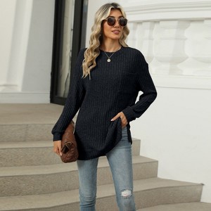 Coolmee Womens Long Sleeve Shirts Fall Ribbed Side Slit Tunic Tops Casual Loose Fit Sweaters Tees - 1 of 4