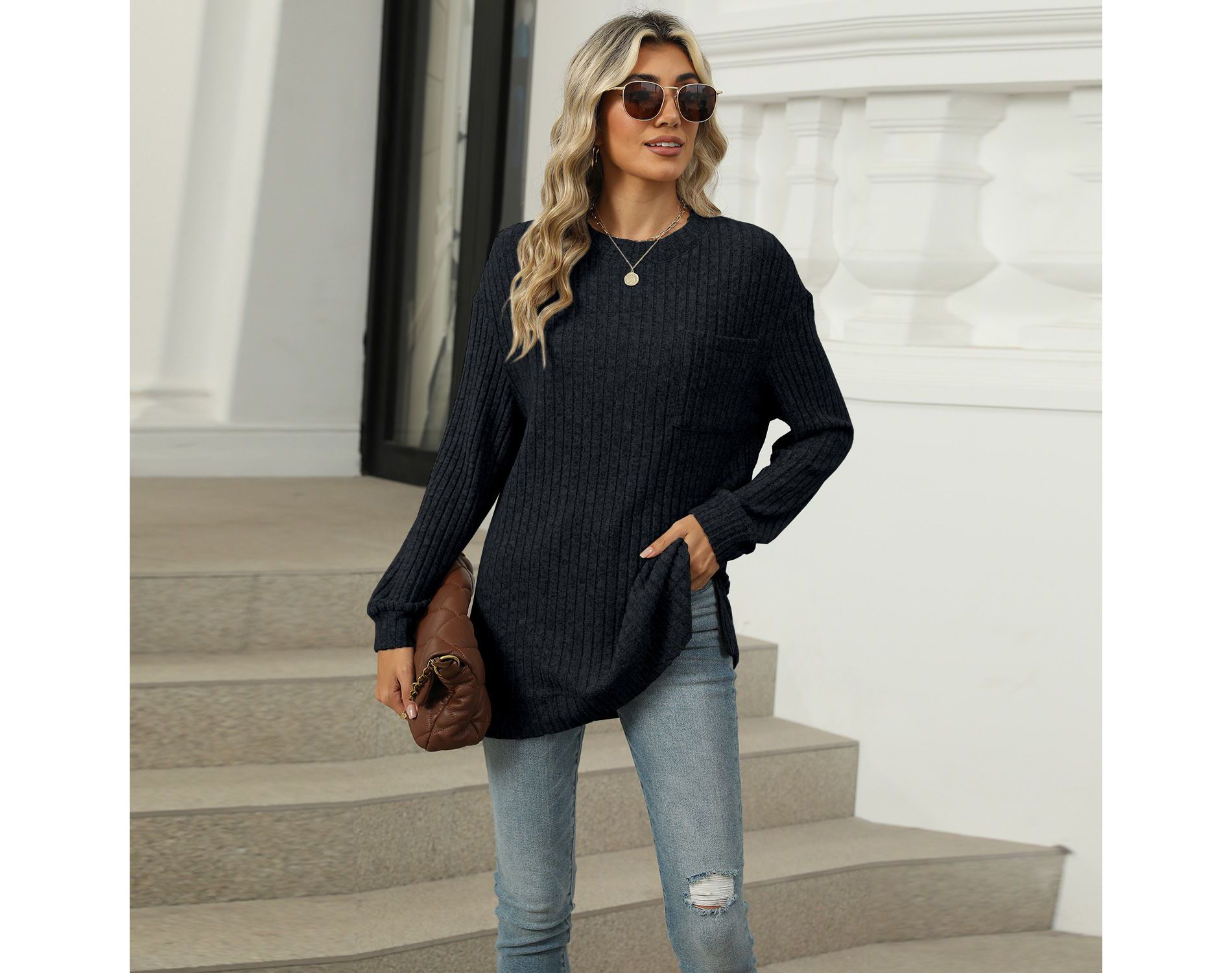 Coolmee Womens Long Sleeve Shirts Fall Ribbed Side Slit Tunic Tops Casual Loose Fit Sweaters Tees