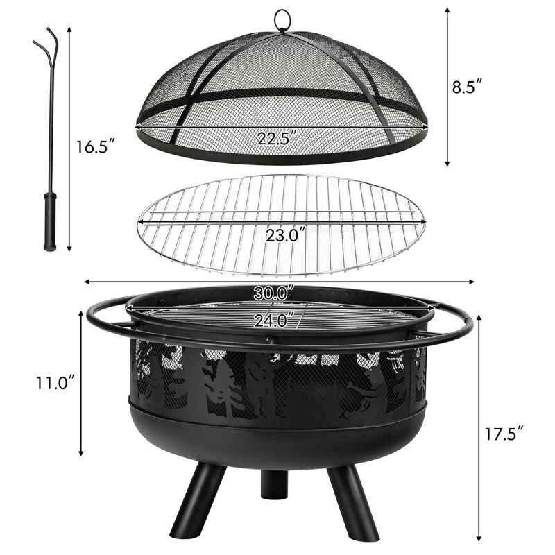 Costway 30'' Patio Round Fire Pit W/ Fire Poker Cooking Grill For Camping BBQ, 4 of 11