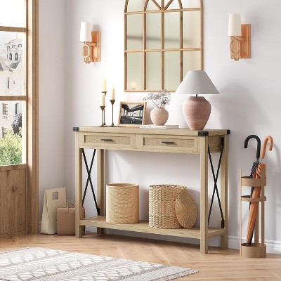Entryway Table - 43 Inch Sofa Table with Storage Narrow Console Table with Rattan Drawers Couch Table Behind Sofa Entryway Table