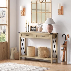 Entryway Table - 43 Inch Sofa Table with Storage Narrow Console Table with Rattan Drawers Couch Table Behind Sofa Entryway Table - 1 of 4