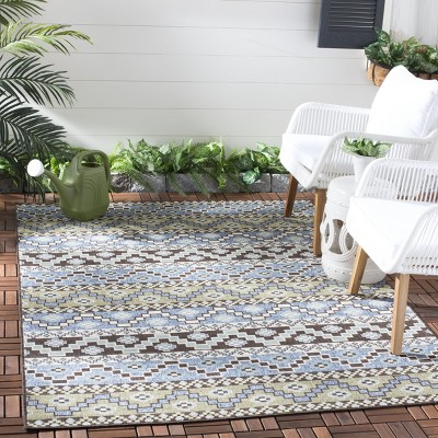 Blue and Cream Synthetic Stain-Resistant Indoor/Outdoor Rug