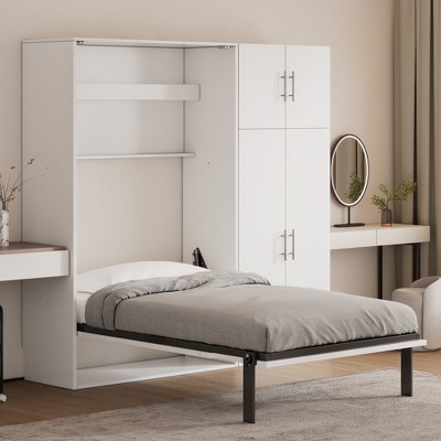 TIRAMISUBEST Twin/Full Size Murphy Bed with Lockers and Wardrobes, Foldable Murphy Cabinet Bed, Space Saving Desgin Murphy Bed Chest