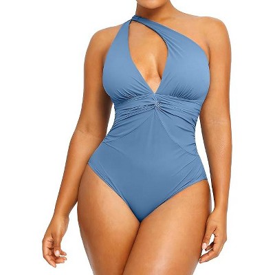SHAPELLX Women's One Piece Swimsuit Tummy Control Ruched Full Coverage Bathing Suit V Neck Slimming Swimwear—Blue 38