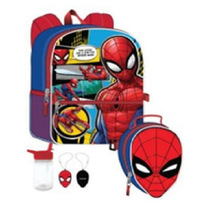 Marvel Spider-Man Comic 4PC Backpack Set with an Insulated Spider-Man Head Lunch Bag, Reusable Bottle, and Keychain