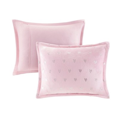 Pink Microfiber Full Kids Comforter Set with Metallic Hearts