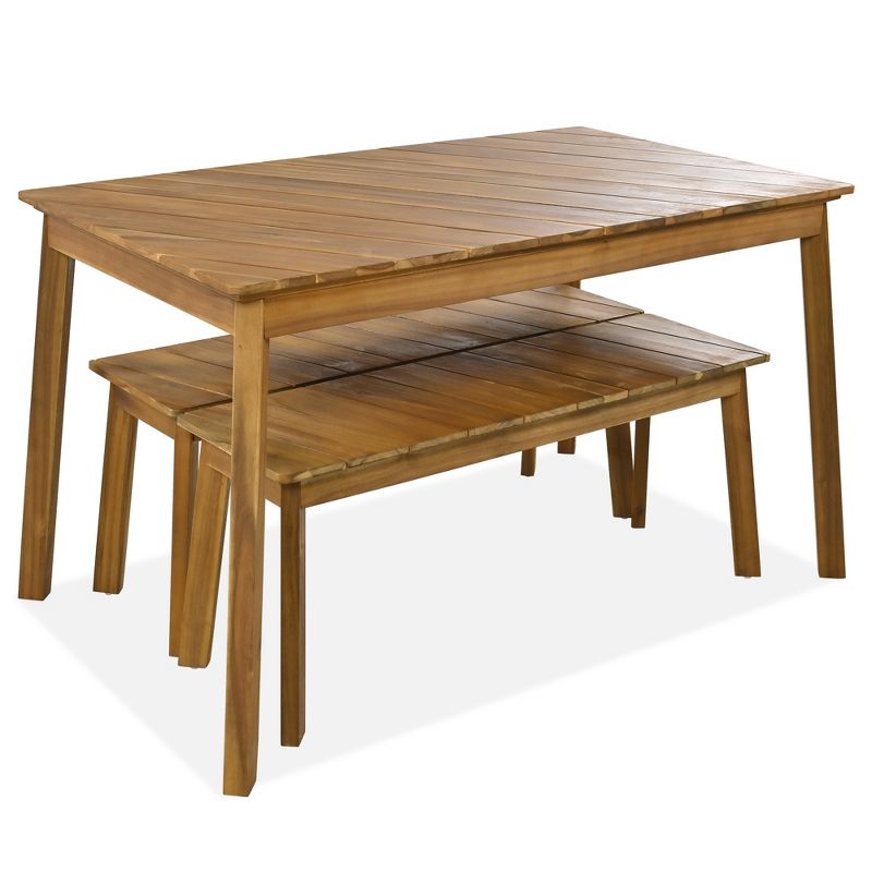 3pc Outdoor Patio Acacia Wood Table Bench Dining Set, Picnic Beer Table With 2 Benches 4A, Natural -ModernLuxe, 2 of 11