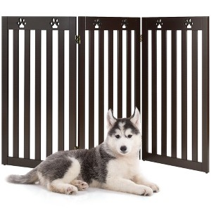 Costway 36'' Folding Wooden Freestanding Pet Gate Dog Gate W/360° Flexible Hinge White/Espresso - 1 of 4