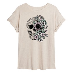 Women's - Instant Message - Half Skull Half Flowers Oversized Graphic T-Shirt - 1 of 4