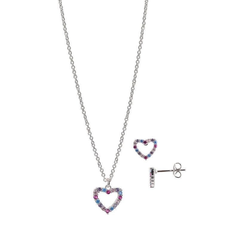 FAO Schwarz Silver Tone amd Multi Colored Stone Heart Pendant Necklace and Earring Set, 1 of 4