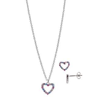 FAO Schwarz Silver Tone amd Multi Colored Stone Heart Pendant Necklace and Earring Set
