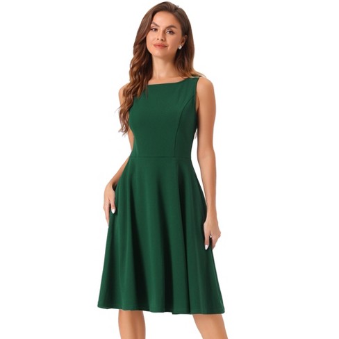 Allegra K Women s Sleeveless Boat Neck High Waist Fit And Flare Work Dresses Dark Green X large Target