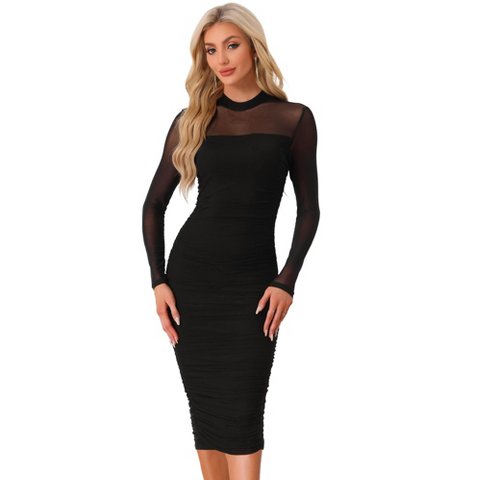Женские платья INSPIRE CHIC Women's Mesh Mock Neck Long Sleeve Ruched Elegant Cocktail Bodycon Dress Black Medium
