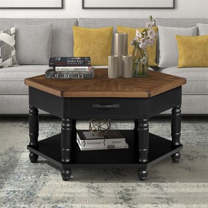 36'' Hexagonal Coffee Tables, 2 Tier Solid Wood Coffee Table with Storage Drawer, Retro Hexagon Coffee Table with Wood Legs for Living Room - 1 of 4