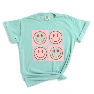 Simply Sage Market Women's Pink Four Square Smiley Faces Short Sleeve Garment Dyed Tee - 1 of 2