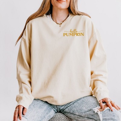 Simply Sage Market Women's Lightweight Garment Dyed Graphic Sweatshirt Embroidered Hello Pumpkin
