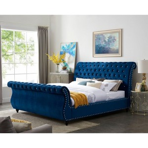 Roundhill Furniture Evora Velvet Upholstered Crystal Button Tufted Sleigh Bed, Blue - 1 of 4