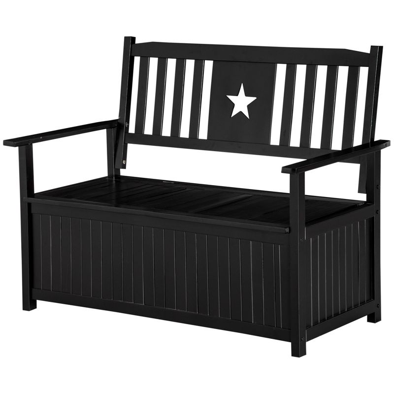 Outsunny Outdoor Wooden Storage Bench Deck Box, Wood Patio Furniture, 43 Gallon Pool Storage Bin Container with Cloth, Backrest, Armrests, Star, Black, 4 of 7