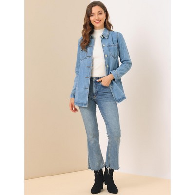 Allegra K Women's Jean Button Up Long Sleeves Washed Casual Denim Jacket XX-Large Blue — фото 3