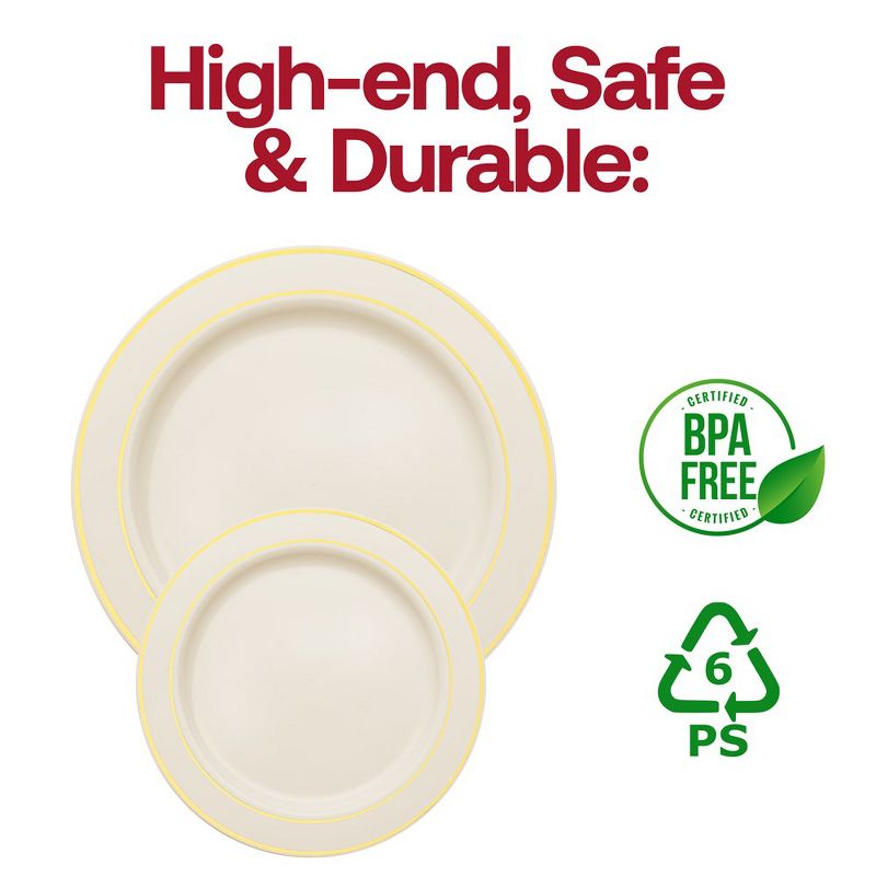 Smarty Had A Party 10.25" Ivory with Gold Edge Rim Plastic Dinner Plates (120 Plates), 4 of 7