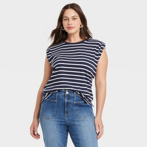 Women's Slim Fit Cuffed Sleeve Tank Top - Ava & Viv™ Navy Blue Striped 2x :  Target