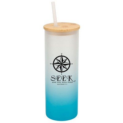 Elanze Designs Seek And You Will Find Compass Matthew 7:7 Wrap-Around Design 25 Ounce Frosted Gradient Glass On-The-Go Coffee Travel Skinny Tumbler