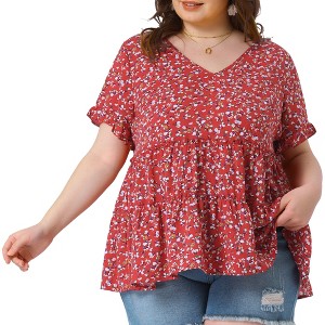Agnes Orinda Women's Plus Size Boho Ditsy Floral V Neck Ruffle Tiered Pleated Babydoll Blouses - 1 of 4