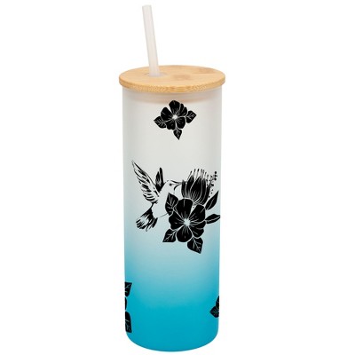 Elanze Designs Hummingbird Summer Flower Garden Wrap-Around Design 25 Ounce Frosted Gradient Glass On-The-Go Coffee Travel Skinny Tumbler Mug Cup,