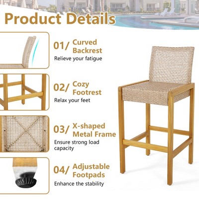 Set of 4 Light Brown PE Rattan and Acacia Wood Barstools