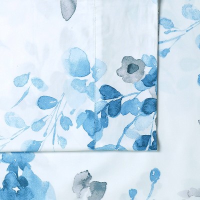 Gray and Blue Floral Organic Cotton Full Sheet Set