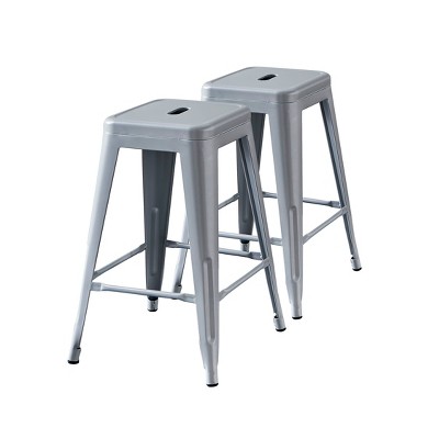Set of 2 24" Industrial Backless Metal Counter Height Barstools Silver - AC Pacific: Stackable, Lightweight, with Foot Rests