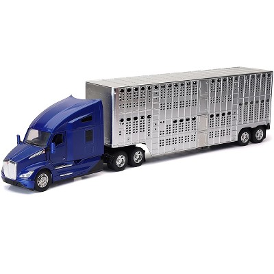 Kenworth T680 Truck Blue Metallic with Livestock Trailer Chrome "Long Haul Trucker" Series 1/32 Diecast Model by New Ray