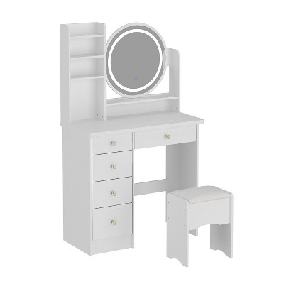 White Wood Makeup Vanity Set with LED Mirror and Stool