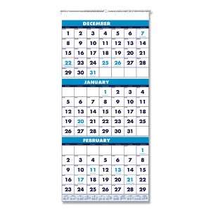 Recycled Three-Month Format Wall Calendar, Vertical Orientation, 12.25 x 26, White Sheets, 14-Month: Dec 2024 to Jan 2026 - 1 of 1