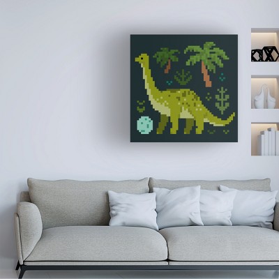 Large Green Pixel Dinosaur Canvas Art with Wooden Frame